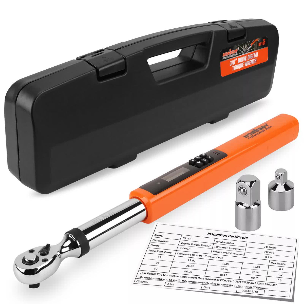 HORUSDY 3/8" Drive Digital Torque Wrench, 4.4-44.3Ft.lb / 3-60N.m, 2% Accuracy LED Display with Socket Adaptors, High-Precision, Ideal for Automotive