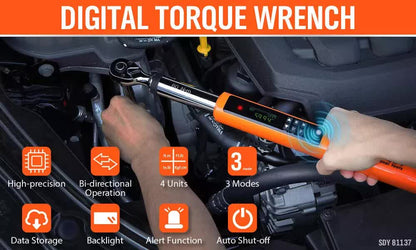 HORUSDY 3/8" Drive Digital Torque Wrench, 4.4-44.3Ft.lb / 3-60N.m, 2% Accuracy LED Display with Socket Adaptors, High-Precision, Ideal for Automotive