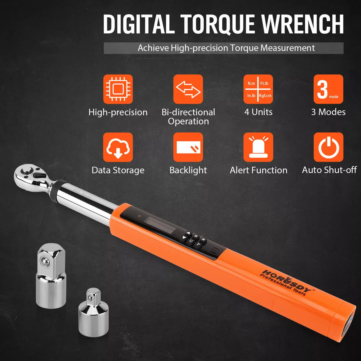 HORUSDY 3/8" Drive Digital Torque Wrench, 4.4-44.3Ft.lb / 3-60N.m, 2% Accuracy LED Display with Socket Adaptors, High-Precision, Ideal for Automotive
