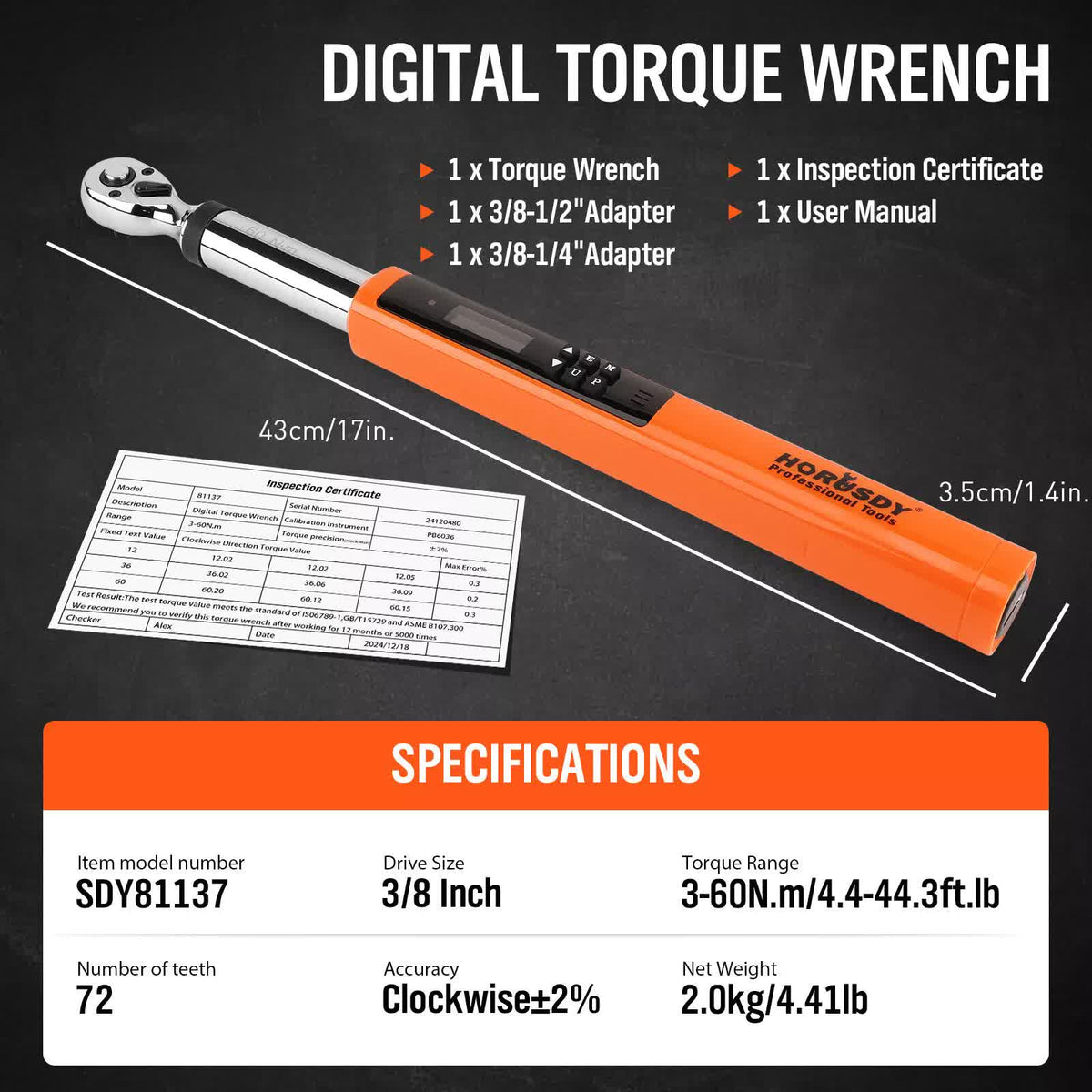 HORUSDY 3/8" Drive Digital Torque Wrench, 4.4-44.3Ft.lb / 3-60N.m, 2% Accuracy LED Display with Socket Adaptors, High-Precision, Ideal for Automotive