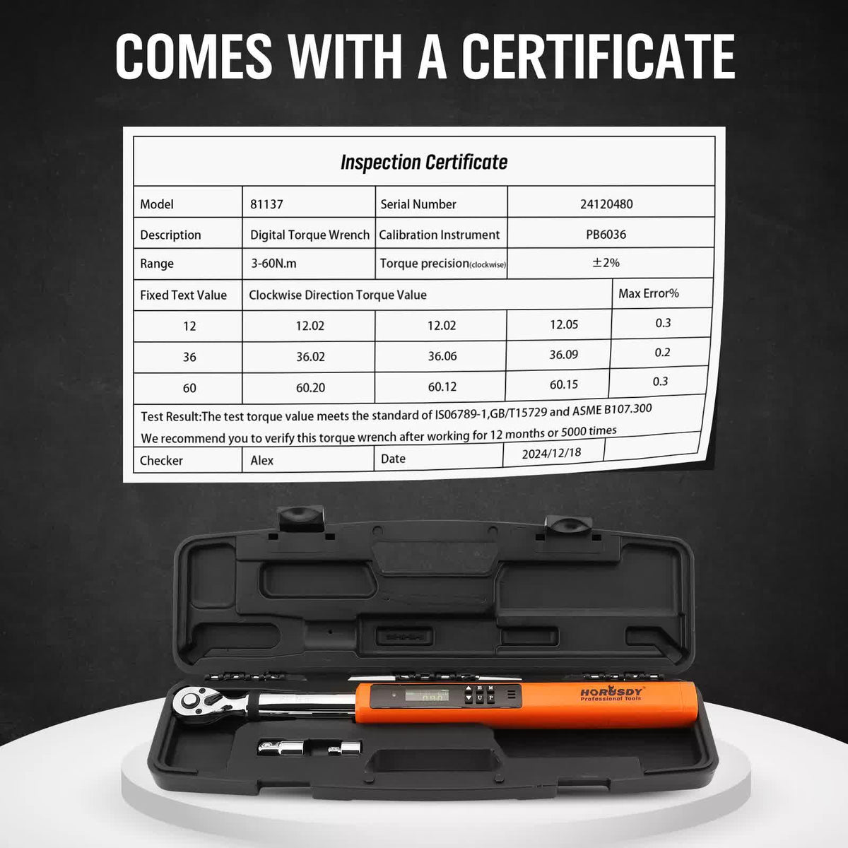 HORUSDY 3/8" Drive Digital Torque Wrench, 4.4-44.3Ft.lb / 3-60N.m, 2% Accuracy LED Display with Socket Adaptors, High-Precision, Ideal for Automotive