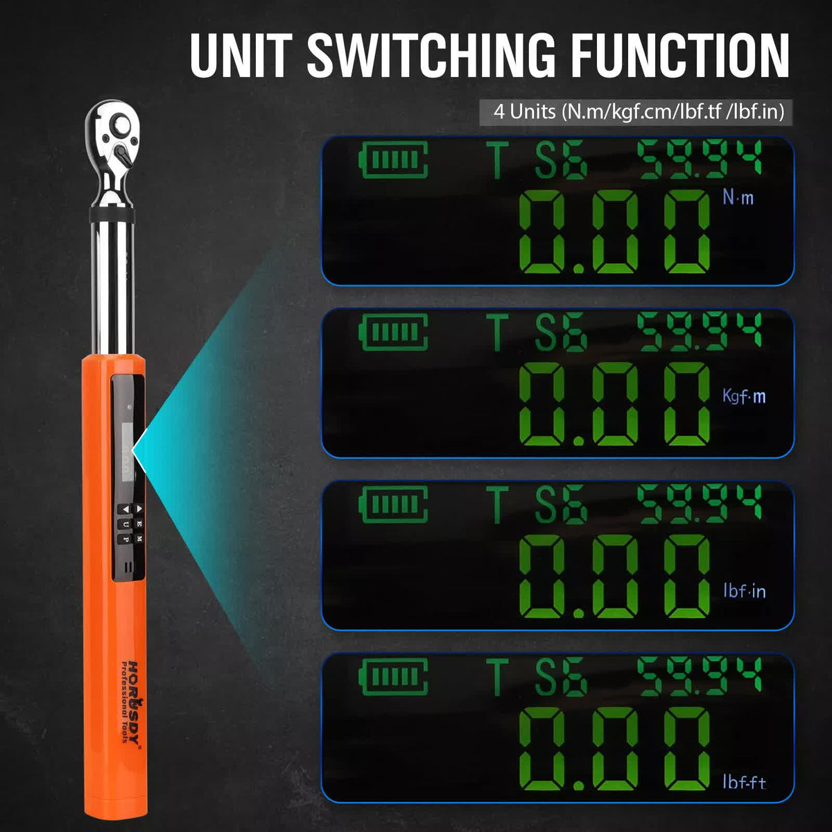 HORUSDY 3/8" Drive Digital Torque Wrench, 4.4-44.3Ft.lb / 3-60N.m, 2% Accuracy LED Display with Socket Adaptors, High-Precision, Ideal for Automotive