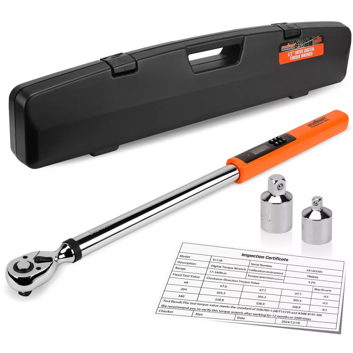 HORUSDY 1/2" Drive Digital Torque Wrench, 25-250Ft.lb / 34-340N.m, 2% Accuracy LED Display with Socket Adaptors