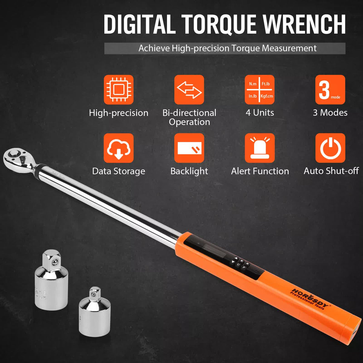 HORUSDY 1/2" Drive Digital Torque Wrench, 25-250Ft.lb / 34-340N.m, 2% Accuracy LED Display with Socket Adaptors
