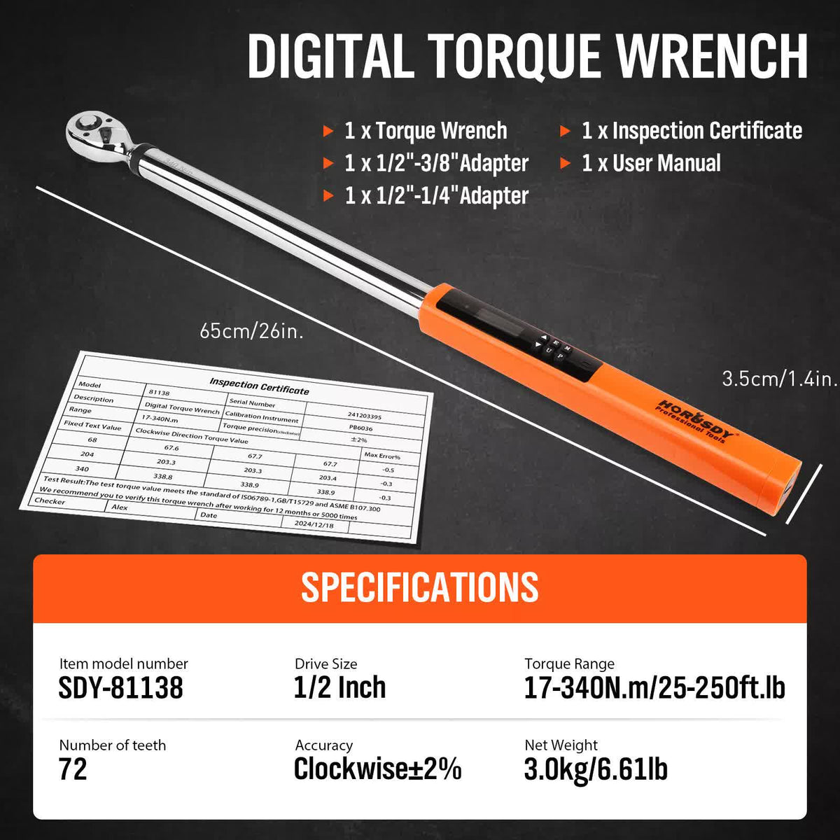 HORUSDY 1/2" Drive Digital Torque Wrench, 25-250Ft.lb / 34-340N.m, 2% Accuracy LED Display with Socket Adaptors