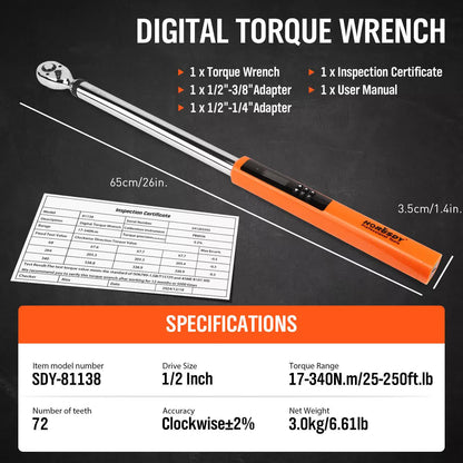 HORUSDY 1/2" Drive Digital Torque Wrench, 25-250Ft.lb / 34-340N.m, 2% Accuracy LED Display with Socket Adaptors