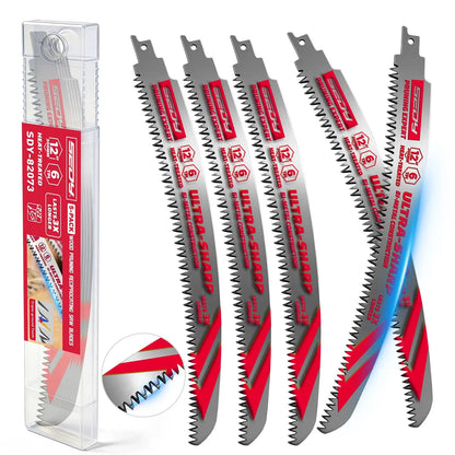 SEDY 5-Pack 12 Inch Japanese Teeth Reciprocating Saw Blades, 6TPI Arc Edge Wood Pruning Saw Blades Set with Storage Box for Tree Trimming, Wood Cutting