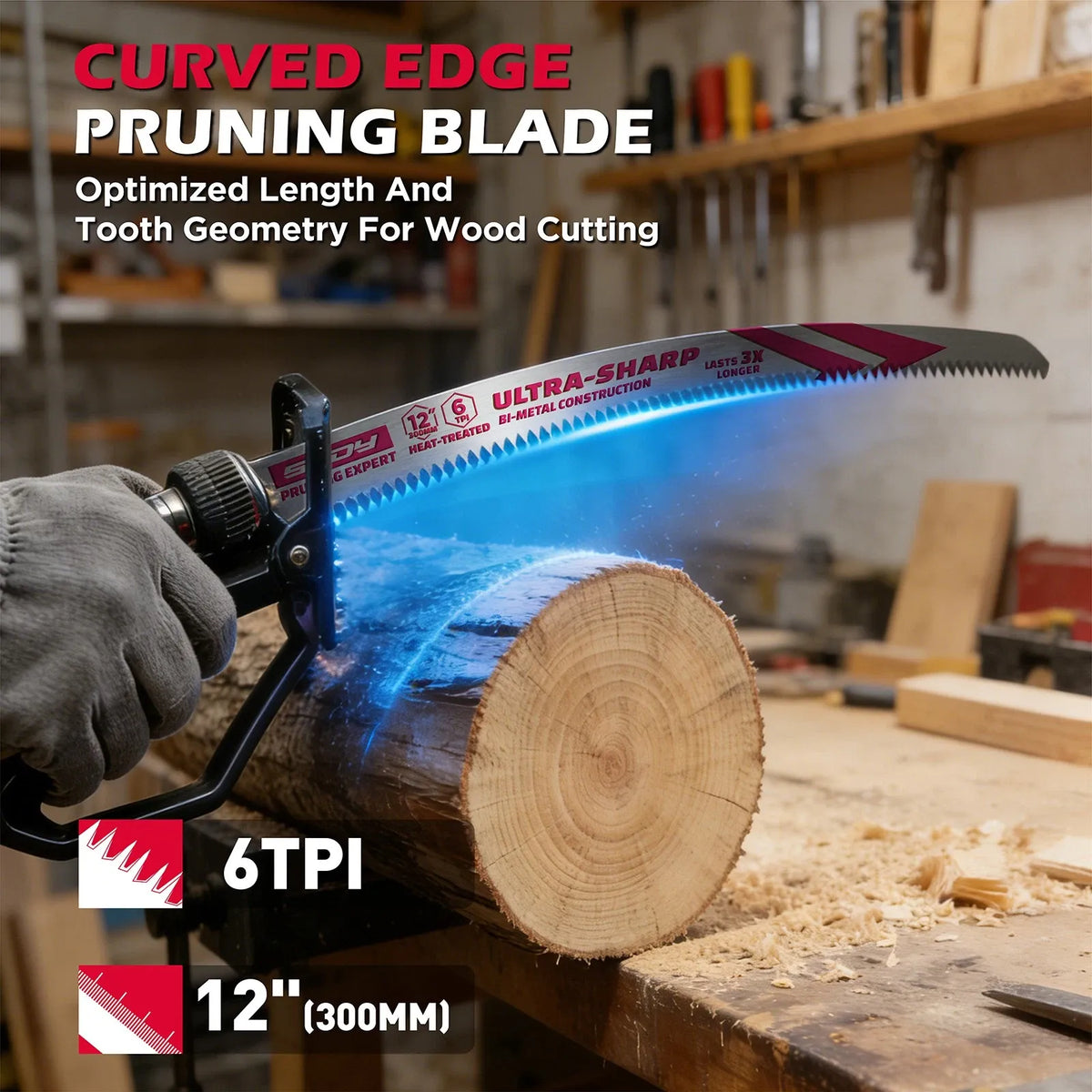 SEDY 5-Pack 12 Inch Japanese Teeth Reciprocating Saw Blades, 6TPI Arc Edge Wood Pruning Saw Blades Set with Storage Box for Tree Trimming, Wood Cutting