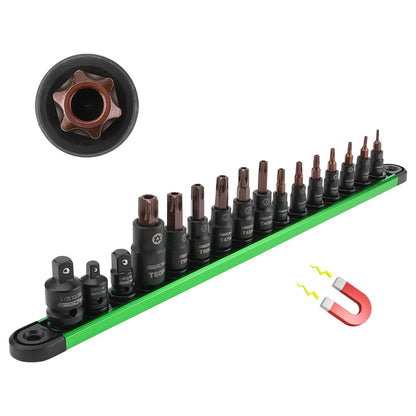 SEDY 16-Piece Tamper-Proof Torx Bit Socket Set, S2 Steel Bits & Cr-V Sockets, 1/4" 3/8" 1/2" Drive, Magnetic Aluminium Rail Organiser for Mechanics