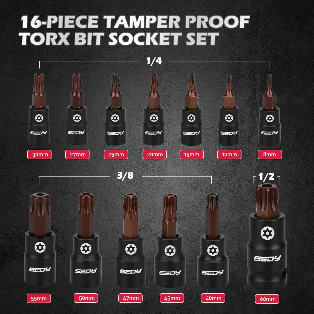 SEDY 16-Piece Tamper-Proof Torx Bit Socket Set, S2 Steel Bits & Cr-V Sockets, 1/4" 3/8" 1/2" Drive, Magnetic Aluminium Rail Organiser for Mechanics