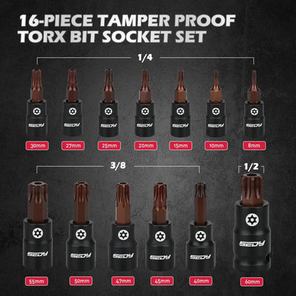 SEDY 16-Piece Tamper-Proof Torx Bit Socket Set, S2 Steel Bits & Cr-V Sockets, 1/4" 3/8" 1/2" Drive, Magnetic Aluminium Rail Organiser for Mechanics