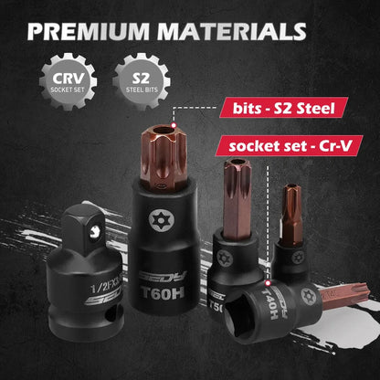 SEDY 16-Piece Tamper-Proof Torx Bit Socket Set, S2 Steel Bits & Cr-V Sockets, 1/4" 3/8" 1/2" Drive, Magnetic Aluminium Rail Organiser for Mechanics