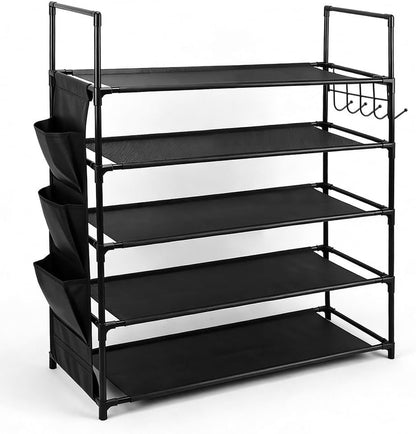 HORUSDY 5 Tier Shoe Rack with Side Pockets and Hooks, Free Standing Metal Shoe Storage Shelf for Entryway, Bedroom or Closet