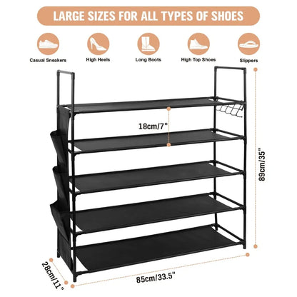 HORUSDY 5 Tier Shoe Rack with Side Pockets and Hooks, Free Standing Metal Shoe Storage Shelf for Entryway, Bedroom or Closet