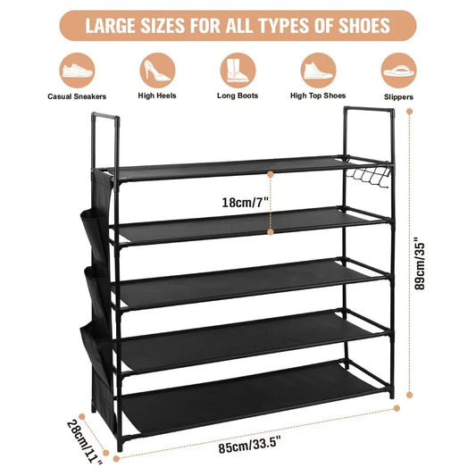 HORUSDY 5 Tier Shoe Rack with Side Pockets and Hooks, Free Standing Metal Shoe Storage Shelf for Entryway, Bedroom or Closet