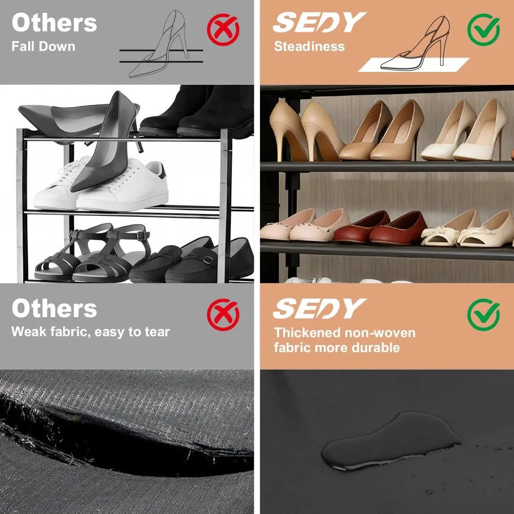 HORUSDY 5 Tier Shoe Rack with Side Pockets and Hooks, Free Standing Metal Shoe Storage Shelf for Entryway, Bedroom or Closet