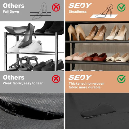 HORUSDY 5 Tier Shoe Rack with Side Pockets and Hooks, Free Standing Metal Shoe Storage Shelf for Entryway, Bedroom or Closet
