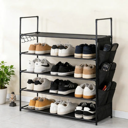 HORUSDY 5 Tier Shoe Rack with Side Pockets and Hooks, Free Standing Metal Shoe Storage Shelf for Entryway, Bedroom or Closet