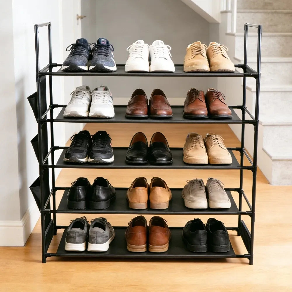 HORUSDY 5 Tier Shoe Rack with Side Pockets and Hooks, Free Standing Metal Shoe Storage Shelf for Entryway, Bedroom or Closet