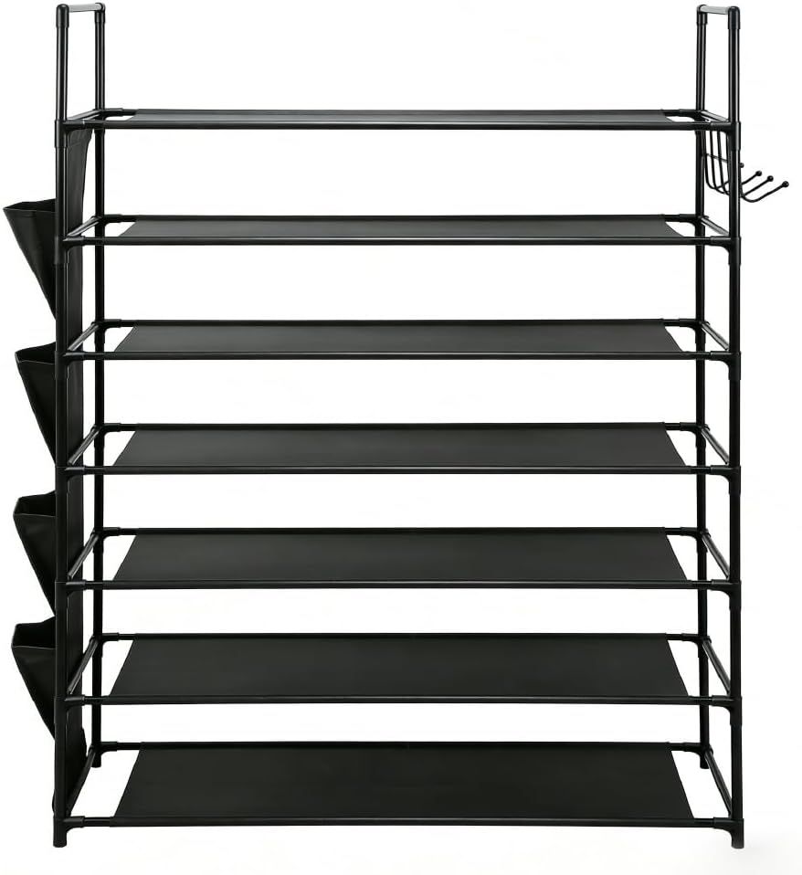 HORUSDY 7 Tier Shoe Rack Storage Organiser with Side Pockets & Hooks, Freestanding Metal Shoe Shelf for Entryway Bedroom Closet