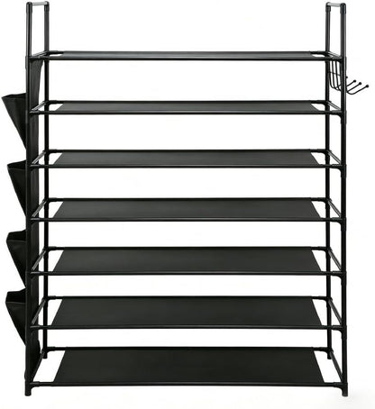 HORUSDY 7 Tier Shoe Rack Storage Organiser with Side Pockets & Hooks, Freestanding Metal Shoe Shelf for Entryway Bedroom Closet