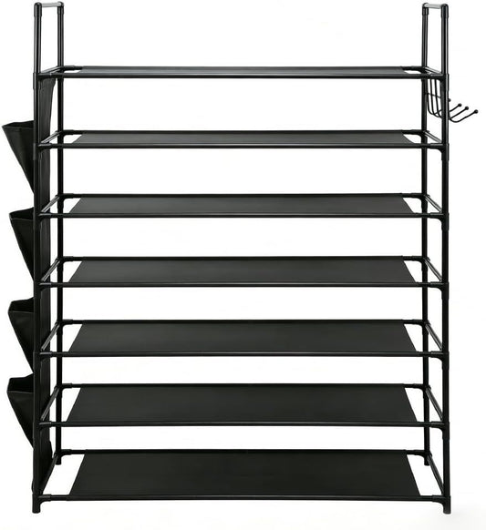 HORUSDY 7 Tier Shoe Rack Storage Organiser with Side Pockets & Hooks, Freestanding Metal Shoe Shelf for Entryway Bedroom Closet