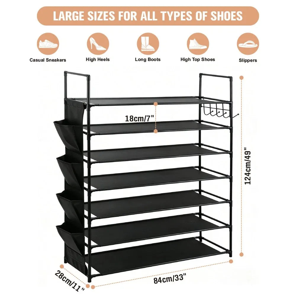 HORUSDY 7 Tier Shoe Rack Storage Organiser with Side Pockets & Hooks, Freestanding Metal Shoe Shelf for Entryway Bedroom Closet