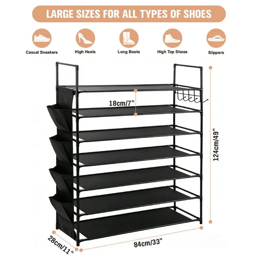 HORUSDY 7 Tier Shoe Rack Storage Organiser with Side Pockets & Hooks, Freestanding Metal Shoe Shelf for Entryway Bedroom Closet