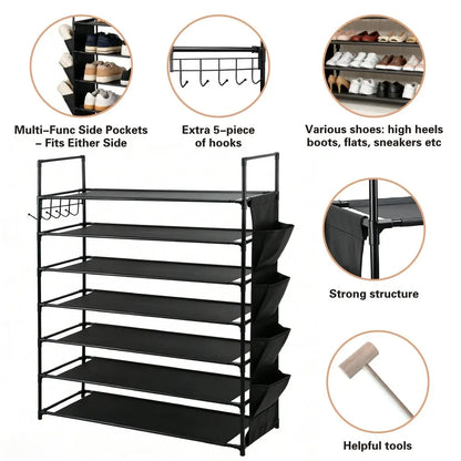 HORUSDY 7 Tier Shoe Rack Storage Organiser with Side Pockets & Hooks, Freestanding Metal Shoe Shelf for Entryway Bedroom Closet