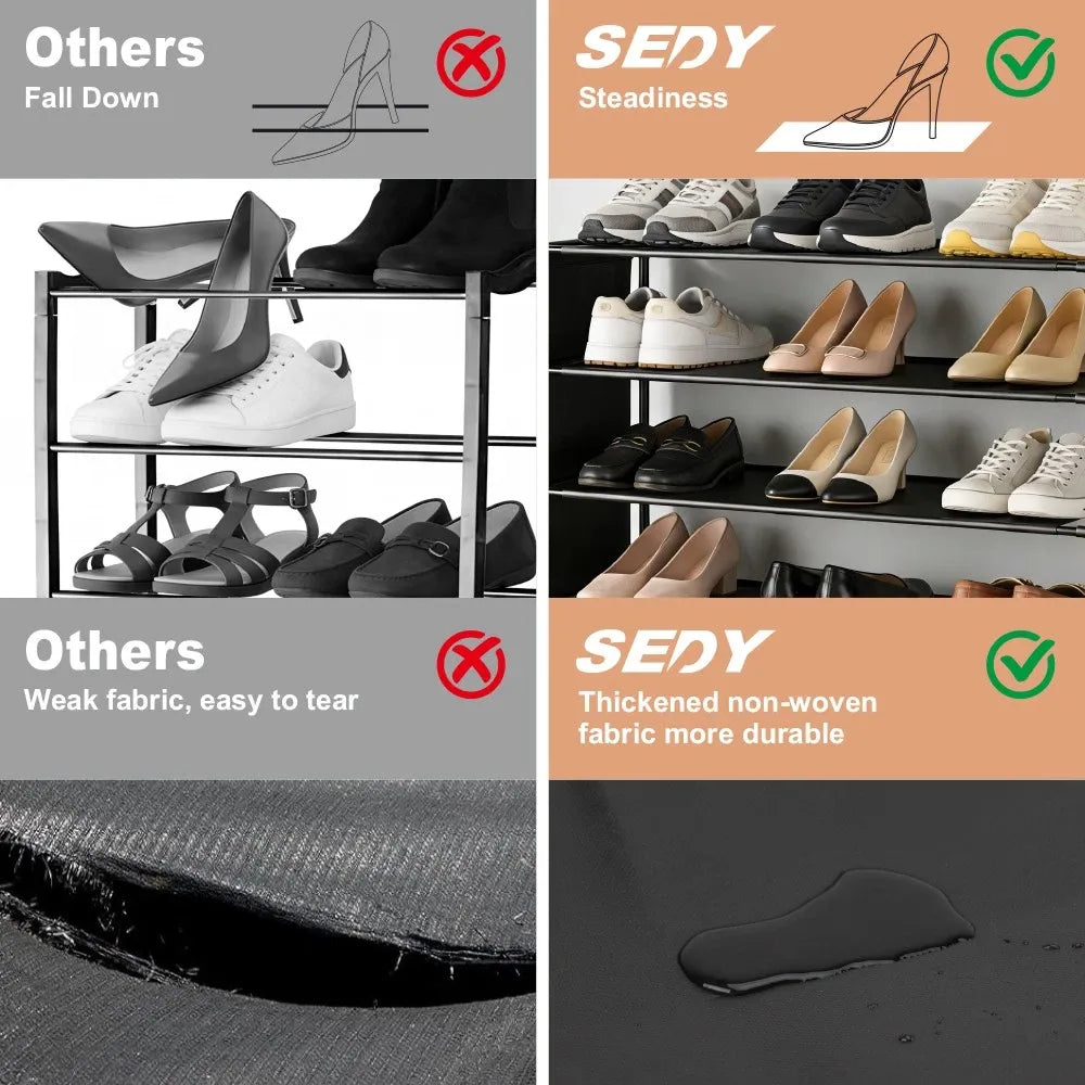 HORUSDY 7 Tier Shoe Rack Storage Organiser with Side Pockets & Hooks, Freestanding Metal Shoe Shelf for Entryway Bedroom Closet