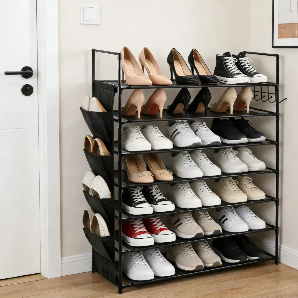 HORUSDY 7 Tier Shoe Rack Storage Organiser with Side Pockets & Hooks, Freestanding Metal Shoe Shelf for Entryway Bedroom Closet
