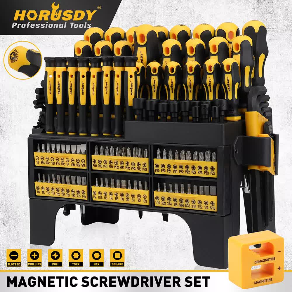HORUSDY 140-Piece Magnetic Screwdriver Set with Plastic Racking, Includes SAE & Metric Hex Keys
