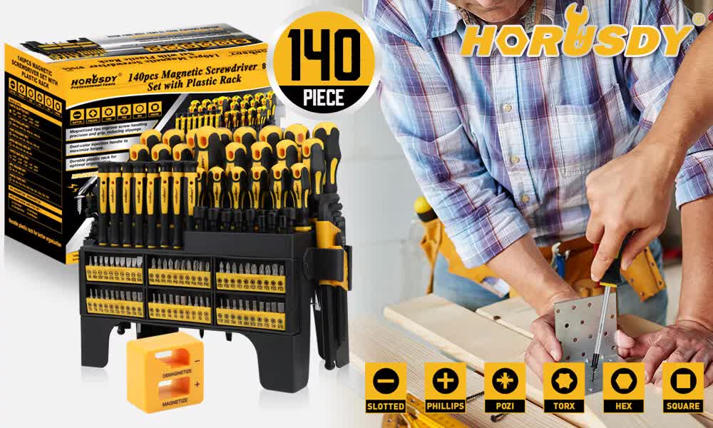 HORUSDY 140-Piece Magnetic Screwdriver Set with Plastic Racking, Includes SAE & Metric Hex Keys