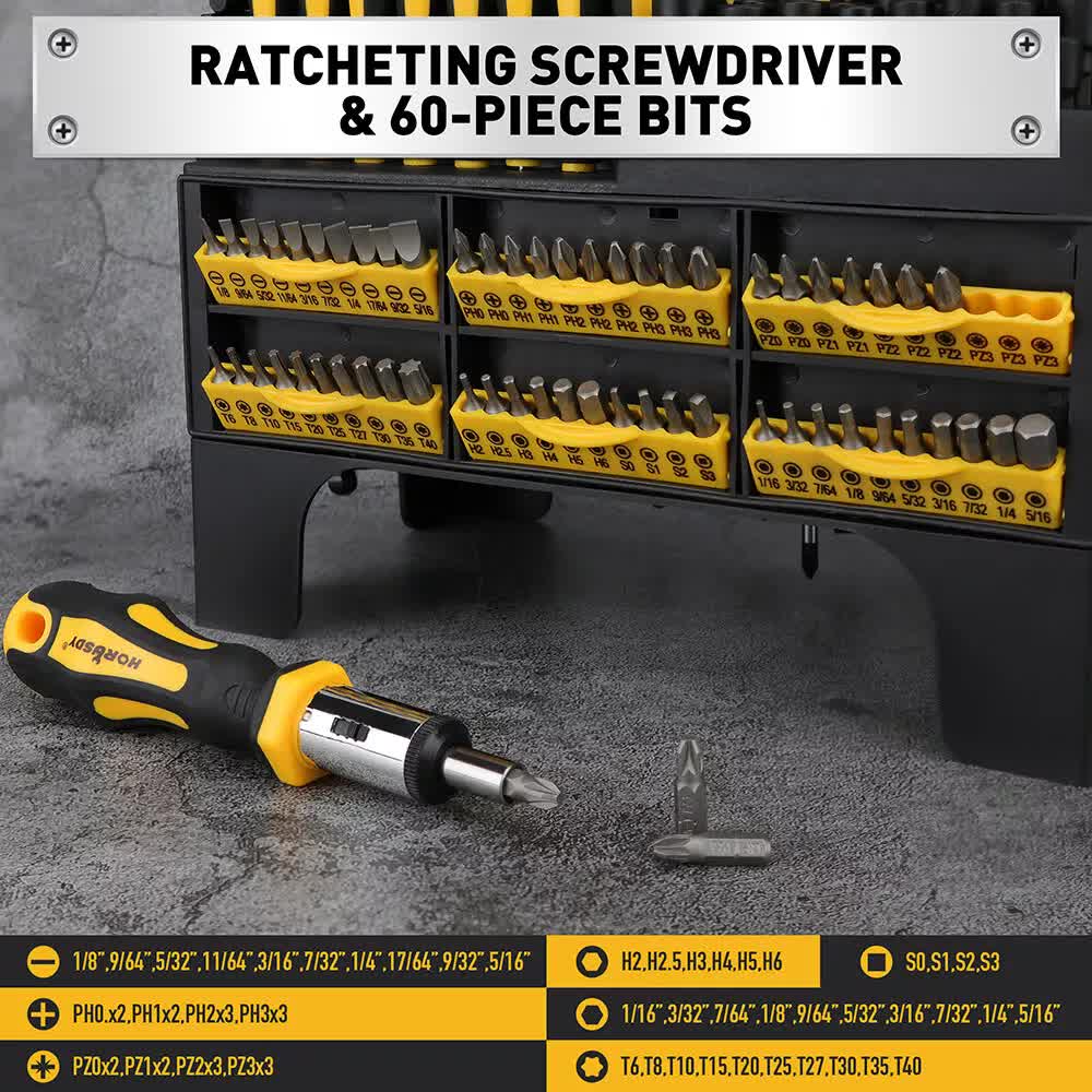 HORUSDY 140-Piece Magnetic Screwdriver Set with Plastic Racking, Includes SAE & Metric Hex Keys