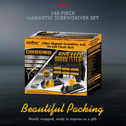 HORUSDY 140-Piece Magnetic Screwdriver Set with Plastic Racking, Includes SAE & Metric Hex Keys