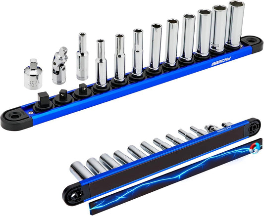 SEDY SEDY 12-Piece 1/4" Drive Long Metric Socket Set 4-13mm with 1 Piece Magnetic Organizer Rail Rack