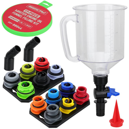SEDY 18-Piece Engine Oil Funnel Set, 1.36 qt Automotive Oil Funnel Kit with 12 Adapters, Elbow Fitting