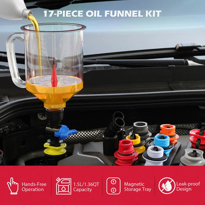 SEDY 18-Piece Engine Oil Funnel Set, 1.36 qt Automotive Oil Funnel Kit with 12 Adapters, Elbow Fitting