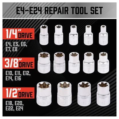 SEDY 14-Piece E-TORX Star Socket Set, 1/4" 3/8" 1/2" Drive, Female External Star Torque Socket Set, E4 - E24