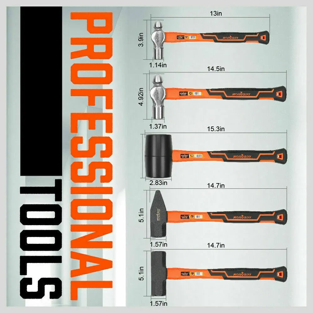 HORUSDY 5-Piece Hammer Set, Heavy Duty 32oz Rubber Mallet | 16oz Ball Pain Hammers | 32oz Ball Pain Hammer | 3lb Sledge Hammer | 3lb Cross Pain Hammer