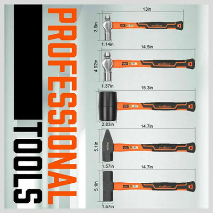 HORUSDY 5-Piece Hammer Set, Heavy Duty 32oz Rubber Mallet | 16oz Ball Pain Hammers | 32oz Ball Pain Hammer | 3lb Sledge Hammer | 3lb Cross Pain Hammer