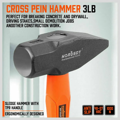 HORUSDY 5-Piece Hammer Set, Heavy Duty 32oz Rubber Mallet | 16oz Ball Pain Hammers | 32oz Ball Pain Hammer | 3lb Sledge Hammer | 3lb Cross Pain Hammer