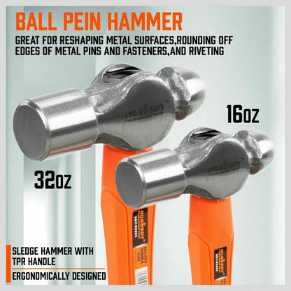 HORUSDY 5-Piece Hammer Set, Heavy Duty 32oz Rubber Mallet | 16oz Ball Pain Hammers | 32oz Ball Pain Hammer | 3lb Sledge Hammer | 3lb Cross Pain Hammer