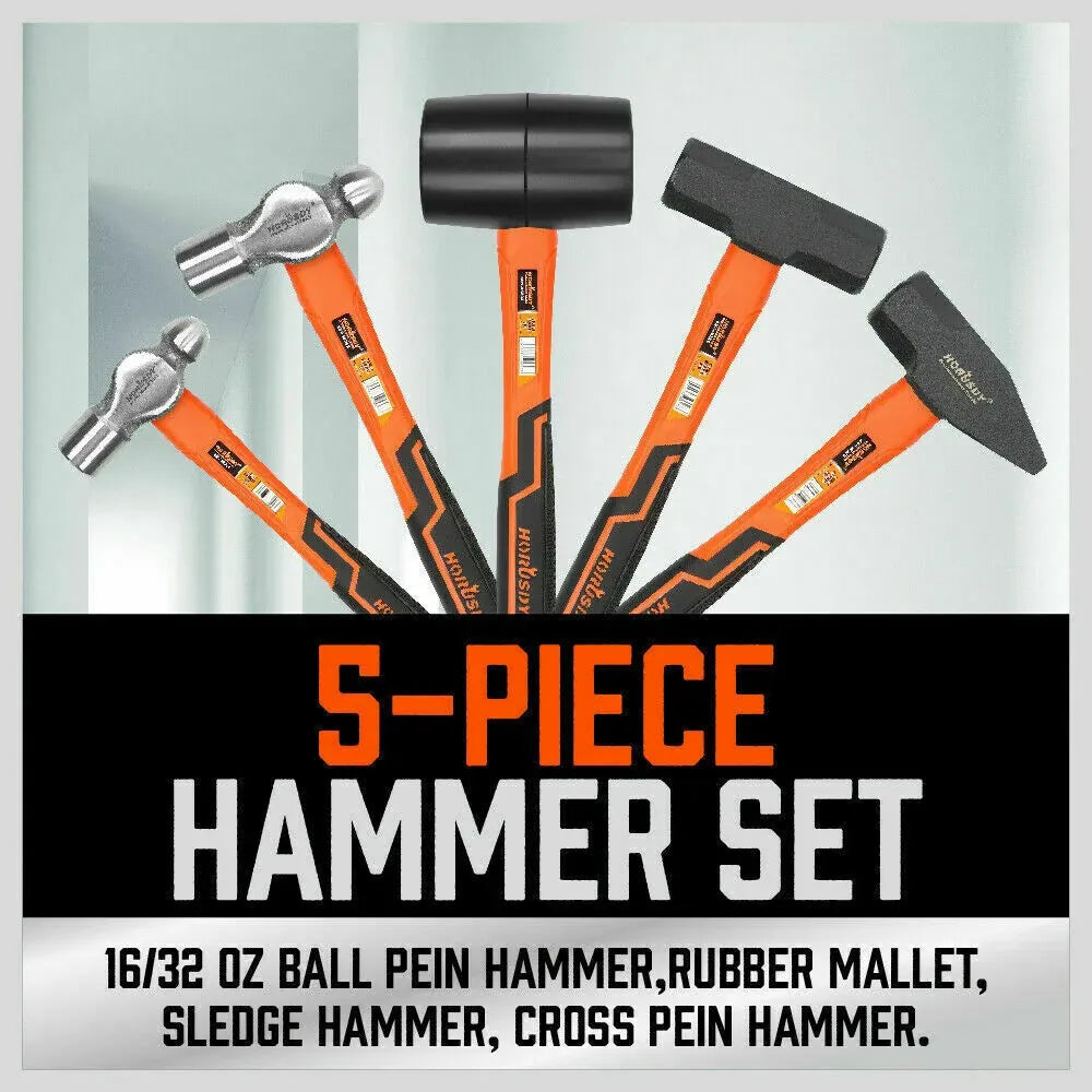 HORUSDY 5-Piece Hammer Set, Heavy Duty 32oz Rubber Mallet | 16oz Ball Pain Hammers | 32oz Ball Pain Hammer | 3lb Sledge Hammer | 3lb Cross Pain Hammer