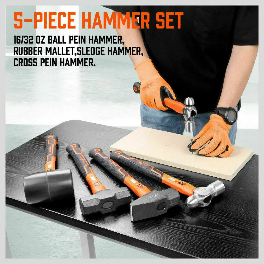 HORUSDY 5-Piece Hammer Set, Heavy Duty 32oz Rubber Mallet | 16oz Ball Pain Hammers | 32oz Ball Pain Hammer | 3lb Sledge Hammer | 3lb Cross Pain Hammer