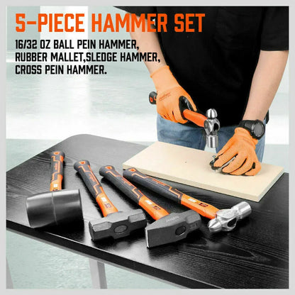 HORUSDY 5-Piece Hammer Set, Heavy Duty 32oz Rubber Mallet | 16oz Ball Pain Hammers | 32oz Ball Pain Hammer | 3lb Sledge Hammer | 3lb Cross Pain Hammer