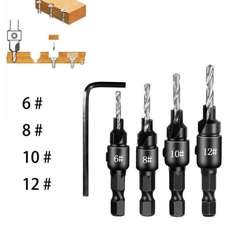 4PCS Countersink Drill Bit Set Woodworking Pilot Hole Hex Shank Tool