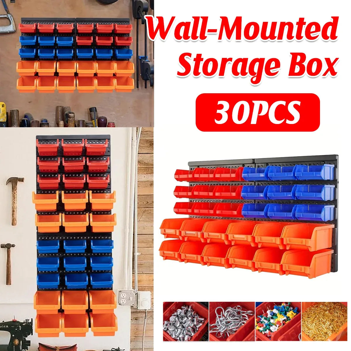 30PCS Wall Mounted Tool Storage Rack Bin Organiser Box for Garage Workshop Use