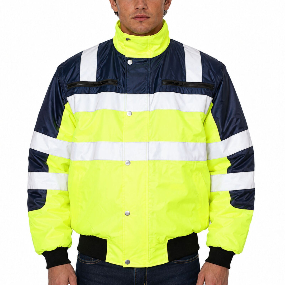 3-in-1 Hi Vis Safety Bomber Jacket Waterproof Reflective Quilted - Yellow/Navy