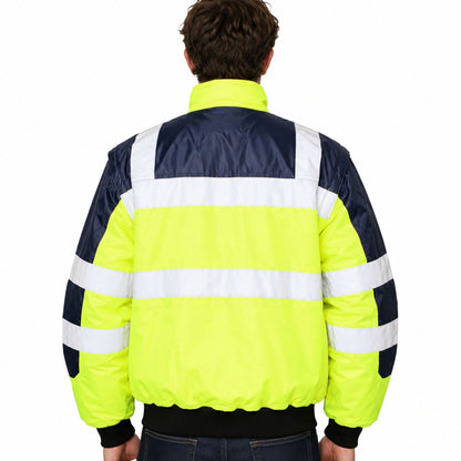 3-in-1 Hi Vis Safety Bomber Jacket Waterproof Reflective Quilted - Yellow/Navy